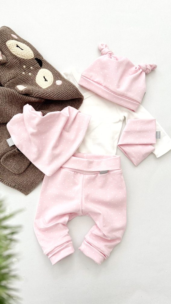 4 delni Baby kompletek "Mini pikice", nežno roza osnova